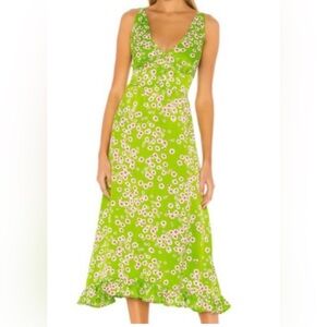 Faithful the Label Apple Green Floral Ruffled Halter Midi Dress Smocked Back S?